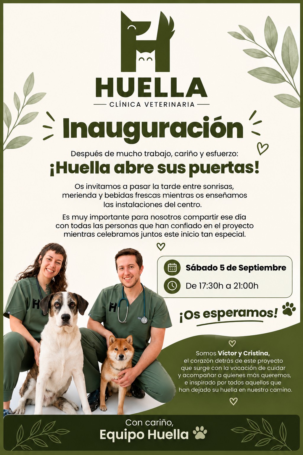 Cartel de la inauguración de HUELLA Clínica Veterinaria: sábado 5 de septiembre, de 17:30 a 21:00